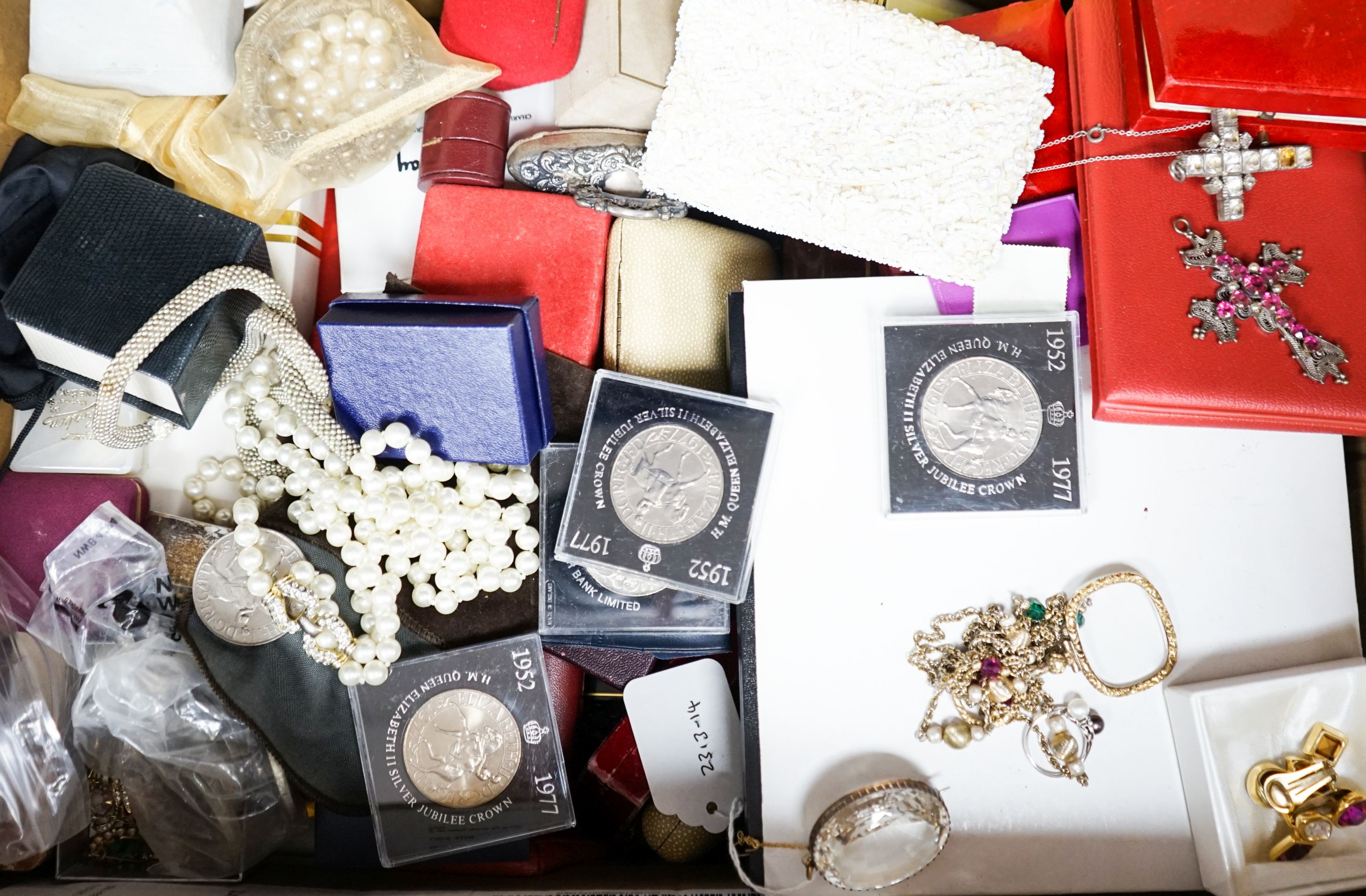 A group of assorted costume jewellery etc. including some small silver, a 9ct gold and two stone cultured pearl crossover ring, a yellow metal overlaid spy glass, commemorative coins and a large yellow metal mounted oval